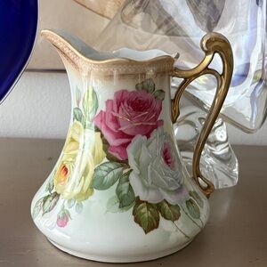 Floral Ceramic Vase with Gold Handle